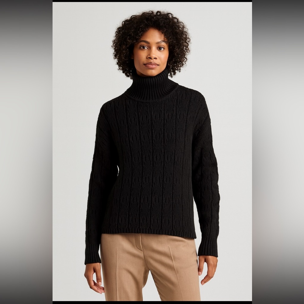 Talbots Women’s Cable Knit Funnel Neck 100% Cotton Fisherman Sweater Black Sz 1X - Picture 1 of 7
